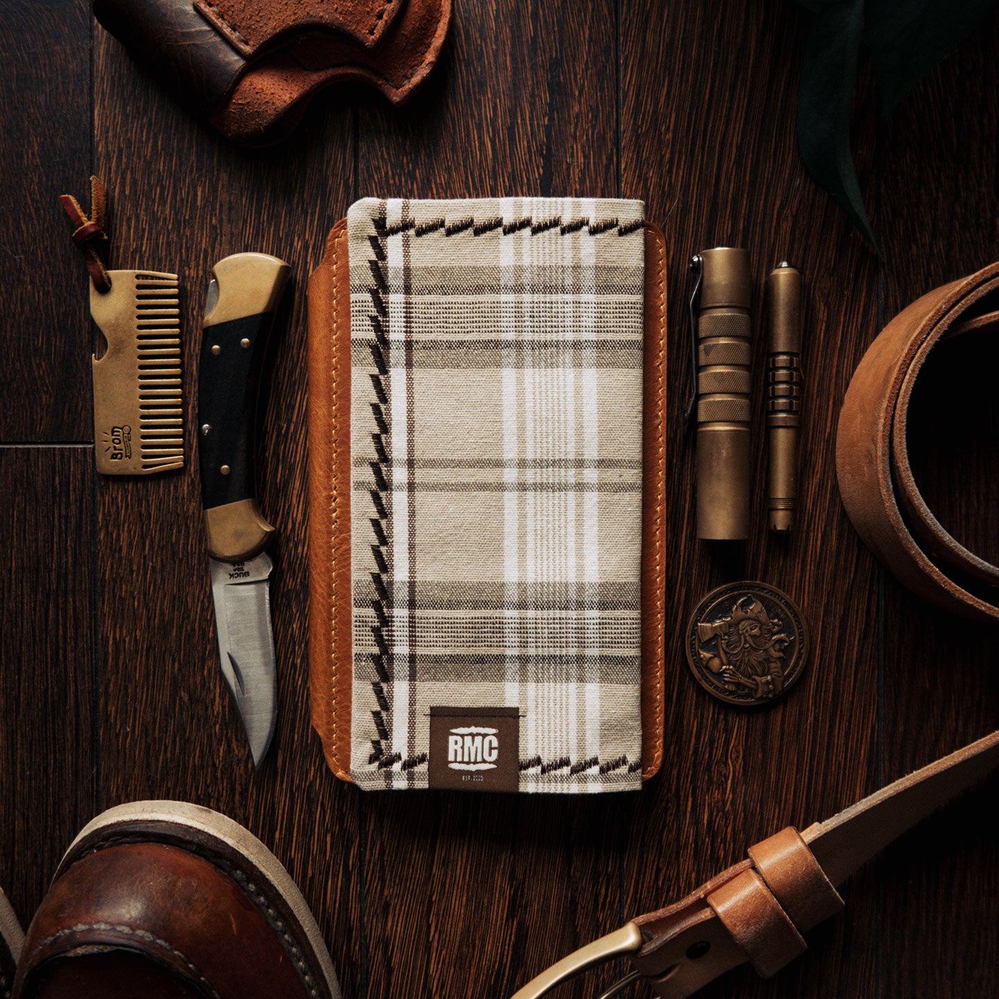 handkerchief | beige / brown checkered cotton / linen mix